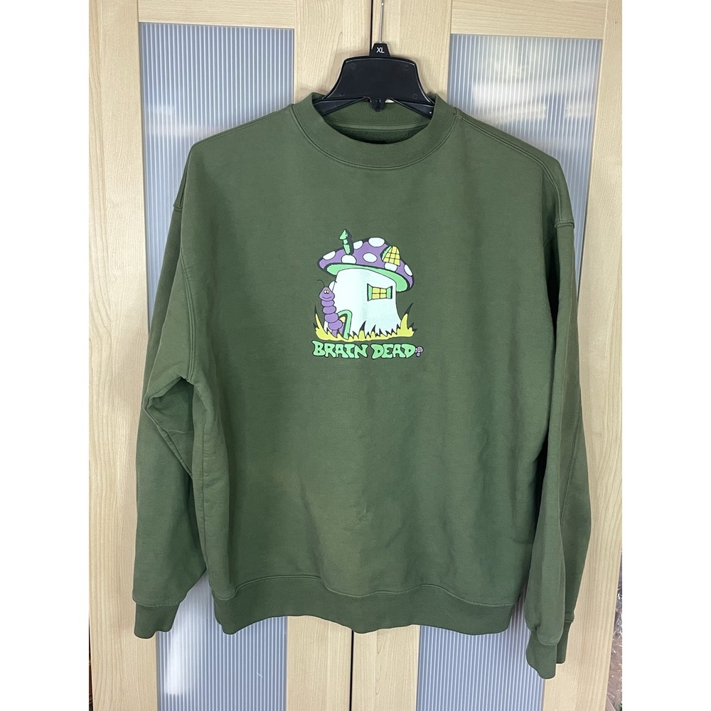 Brain Dead Mens L Green Mushroom Fairy Graphic Crewneck Sweatshirt Streetwear